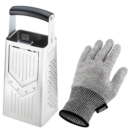 Küchenhelfer Set: GEFU Vierkantreibe V-CUT & GEFU Schnittschutzhandschuh SECURO - Multifunktionale Küchenreibe Edelstahl mit verstellbarem Hobel von GEFU