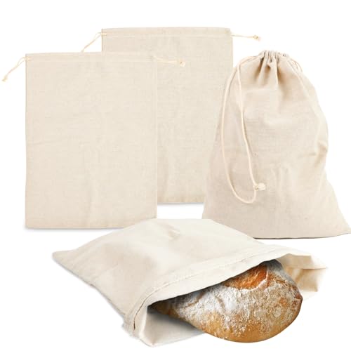 4 Stück Leinen Brotbeutel Aufbewahrung Frischhalten, Brottasche mit kordelzug 30x40cm Leinensack für Brot, Wiederverwendbar Bread Bag, Brotaufbewahrung, Leinenbeutel für Brot Aufbewahren von GEGNNS