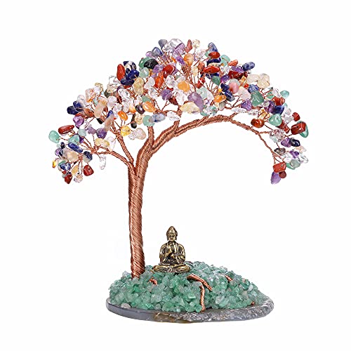 GEHECRST Feng Shui Geldbaum Buddha Figur Lebensbaum Deko mit Achat Basis Heilstein Glücksbringer Baum Trommelsteine Glückbaum Dekoration für Reichtum Glück Gesundheit (7 Chakra) von GEHECRST
