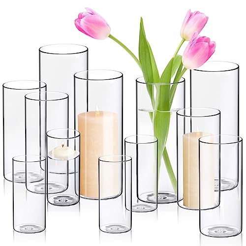 Blumenvase Glas 12er Set, 25cm 20cm 15cm Säule Votivkerze schwimmende Kerzenhalter, Klarglasvase für Hochzeit Party Home Dekorationen Blumenvase Glas 12er Set, 25cm 20cm 15cm Säule Votivkerze schwimmende Kerzenhalter, Klarglasvase für Hochzeit Party Home Dekorationen von GEHEIMON