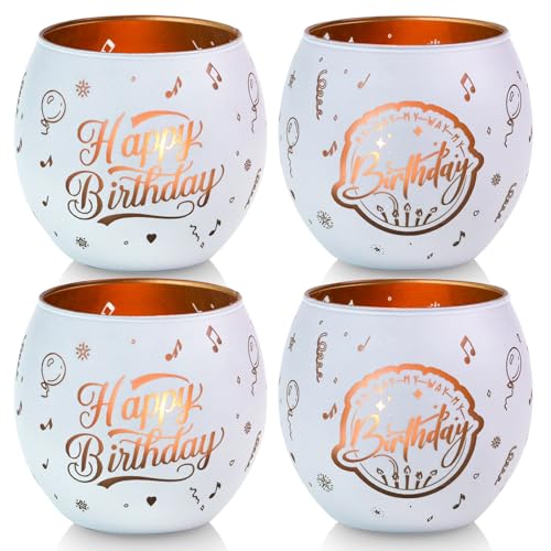 Kerzenhalter Glas Happy Birthday – 4er-Set weiße Teelichthalter mit Luftballon-Gravuren, Das Geburtstagsgeschenk & Party Dekoration für Tischdeko Kerzenhalter Glas Happy Birthday – 4er-Set weiße Teelichthalter mit Luftballon-Gravuren, Das Geburtstagsgeschenk & Party Dekoration für Tischdeko von GEHEIMON