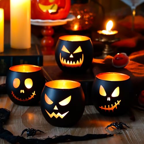 Kerzenhalter für Innen Halloweendeko, 4er Set Teelichtgläser mit Kürbisfratzen-Lasergravur - Schwarz Gold Halloween Dekoration - - Gruselige Deko für Party, Tisch, Garten von GEHEIMON