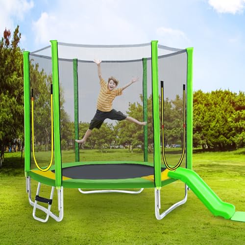 7ft Trampolin, Freizeittrampoline, Kinder-Outdoor-Trampolin 213 cm Gartentrampolin mit Rutsche, Leiter, Netz, Doppeltür und gepolstertem BRS, bis 100 kg von GEHPYYDS