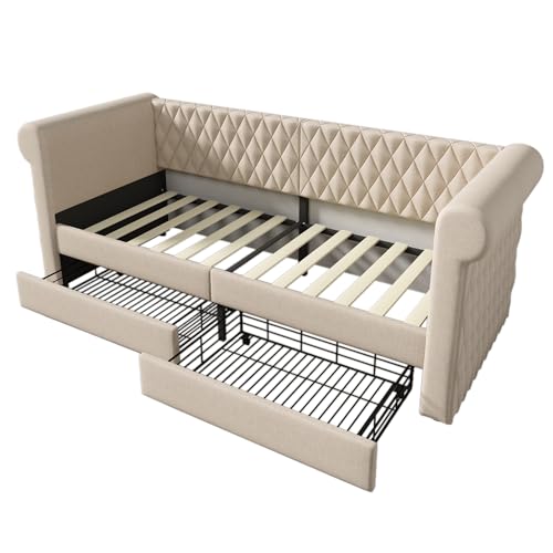 90 x 200 cm großes gepolstertes Tagesbett mit 2 Schubladen – multifunktionales Schlafsofa-Gestell für Kinder, Jugendliche und Gäste – stilvolles Lattenrost-Design,Beige 90 x 200 cm großes gepolstertes Tagesbett mit 2 Schubladen – multifunktionales Schlafsofa-Gestell für Kinder, Jugendliche und Gäste – stilvolles Lattenrost-Design,Beige von GEHPYYDS