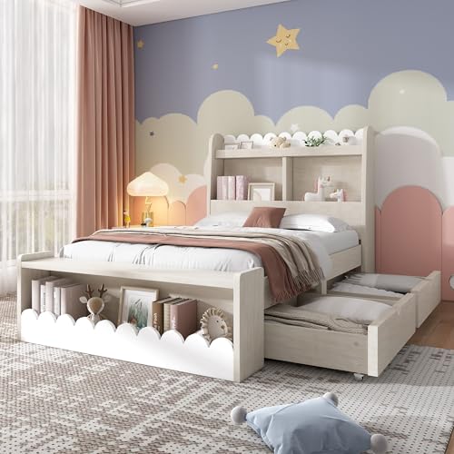 90x190/200cm (2.95x6.23/6.56ft) Weißer Kleinkinderbettrahmen,Kinderbettrahmen aus Holz,mit Bücherregal,2 Schubladen,Bank, ohne Matratze, für Kinder oder Jugendliche,90x190cm(2.95x6.23ft) von GEHPYYDS
