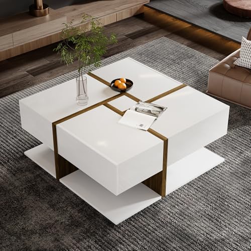 Couchtisch mit einzigartiger Farbabstimmung und Liniendesign,moderner quadratischer weißer Couchtisch mit vier Schubladen und offenem Ablagefach,Sofatisch für Wohnzimmer und Schlafzimmer,White2 Couchtisch mit einzigartiger Farbabstimmung und Liniendesign,moderner quadratischer weißer Couchtisch mit vier Schubladen und offenem Ablagefach,Sofatisch für Wohnzimmer und Schlafzimmer,White2 von GEHPYYDS