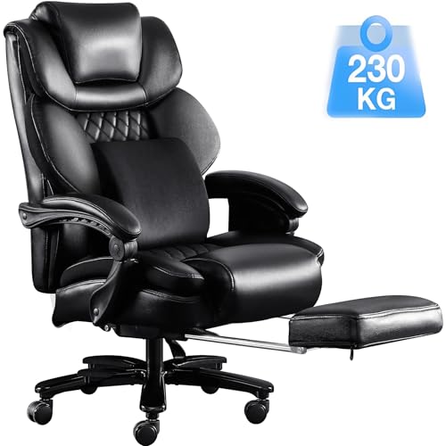 Ergonomischer, robuster Bürostuhl in Schwarz – Tragkraft 230 kg, Massagefunktion, verstellbare Rückenlehne, Fußpedal und Lendenwirbelstützkissen, drehbares Lederdesign von GEHPYYDS