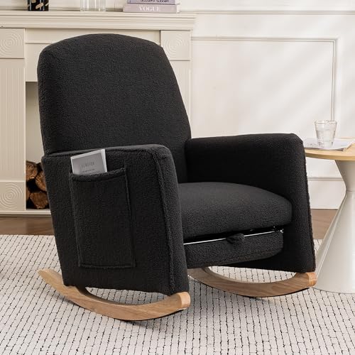 Gemütliche Schaukelstühle, Schaukelstuhl aus Teddystoff mit passendem Ottomanen – Liegestuhl-Stil mit gepolstertem Holzrahmen und hoher Rückenlehne für Komfort in Ihrem Wohnzimmer,DarkGray von GEHPYYDS