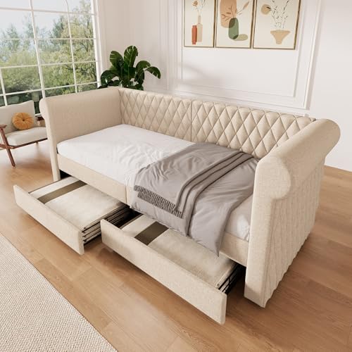 Kinder-Polsterbett - 90 x 200 cm Tagesbettsofa mit 2 Schubladen, Jugendbettgestell mit Holzlattenrost und Leinenbezug (ohne Matratze),Beige von GEHPYYDS