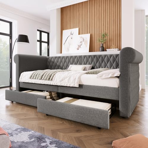 Kinder-Polsterbett - 90 x 200 cm Tagesbettsofa mit 2 Schubladen, Jugendbettgestell mit Holzlattenrost und Leinenbezug (ohne Matratze),Grey von GEHPYYDS