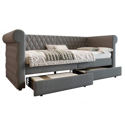 Kinderbett, Polsterbett, Schlafsofa 90x200 cm, Tagesbett, Schlafsofa mit 2 Schubladen, Jugendbett mit Holzlattenrost, Bettwäsche, ohne Matratze,Grey Kinderbett, Polsterbett, Schlafsofa 90x200 cm, Tagesbett, Schlafsofa mit 2 Schubladen, Jugendbett mit Holzlattenrost, Bettwäsche, ohne Matratze,Grey von GEHPYYDS