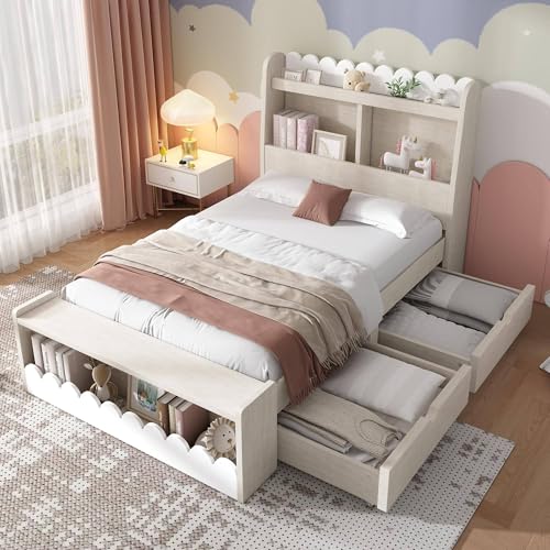 Kinderbett Einzelbett mit Sitzbank und 2 Schubladen, Holzbettkopfteil mit Ablage für Kinder, Jugendbett, Funktionsbettgestell, ohne Matratze,90x200cm(2.95x6.56ft) von GEHPYYDS