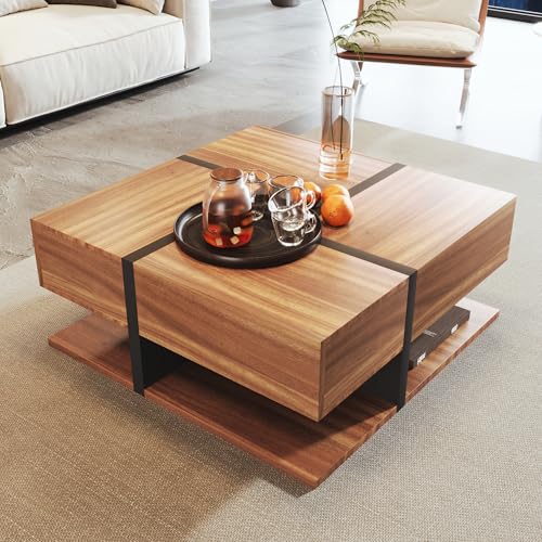 Moderner weißer quadratischer Couchtisch mit einzigartiger Farbabstimmung und Liniendesign, mit vier Schubladen und offenem Ablagefach – stilvoller Sofatisch,Natural von GEHPYYDS