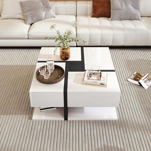 Moderner weißer quadratischer Couchtisch mit einzigartiger Farbabstimmung und Liniendesign, mit vier Schubladen und offenem Ablagefach – stilvoller Sofatisch,White1 Moderner weißer quadratischer Couchtisch mit einzigartiger Farbabstimmung und Liniendesign, mit vier Schubladen und offenem Ablagefach – stilvoller Sofatisch,White1 von GEHPYYDS