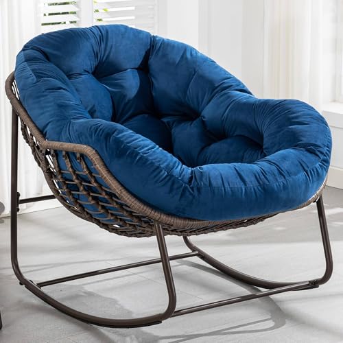Übergroßer Schaukelstuhl für den Innenbereich mit dickem Kissen | Bequemer Loungesessel aus Cordgeflecht in Eierform für Wohnzimmer, Schlafzimmer oder Wohnung – zum Entspannen,NavyBlue von GEHPYYDS