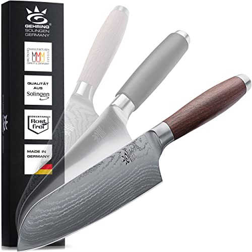 GEHRING SOLINGEN PREMIUM MYII | Santoku Messer/Damastmesser | Scharfes Profi Küchenmesser, made in Germany, eisgehärteter Damaststahl VG10 mit ergonomischem Nussbaum - Holzgriff… von GEHRING