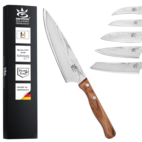GEHRING Solingen Look Damast Kochmesser 15 cm I scharfes Profi Küchenmesser I eisgehärter Damaststahl VG10 I Chefmesser I ergonomischer Olivenholzgriff I Damastmesser I Made in Germany von GEHRING