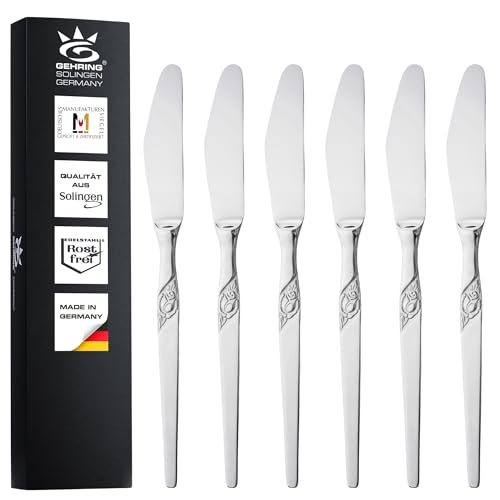 GEHRING Solingen Rose Menümesser 6 Stück I rostfreier Edelstahl I Solinger Hohlheftmesser Made in Germany I spülmaschinengeeignet I Messer Set mit Rosenmuster I Tafelmesser von GEHRING