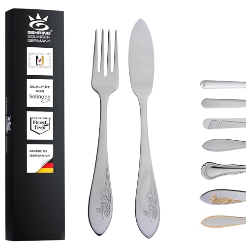 Gehring Solingen Fischbesteck Set Flower I Besteck Set 12-teilig I Edelstahlbesteck I Besteckset 6 Personen I spülmaschinengeeignet I Fischmesser I Fischgabel I Made in Germany von GEHRING