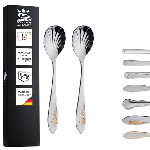 Gehring Solingen Flower Zuckerlöffel dekorvergoldet 2er Set I Muschellöffel I Edelstahl 18/10 I Kaffeelöffel I spülmaschinengeeignet I Made in Germany von GEHRING