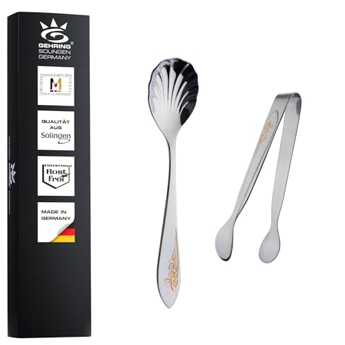 Gehring Solingen Flower Zuckerzange und Zuckerlöffel dekorvergoldet 2er Set I Servierzange für Candybar I Edelstahl Besteck für Kaffeetafeln I Eiswürfelzange I spülmaschinengeeignet I Made in Germany von GEHRING