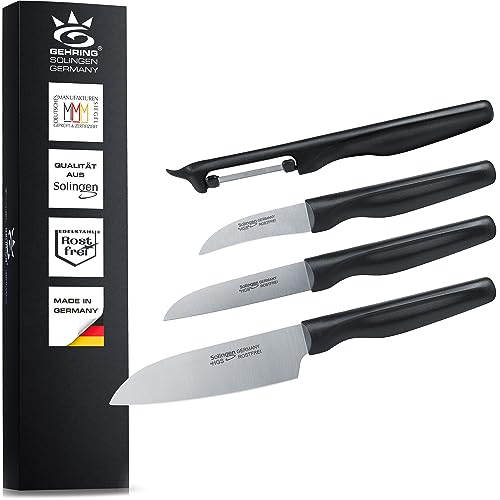 NEU| SOLINGEN | Küchenmesserset - Messerset 4 tlg.| rostfreie, eisgehärtete & scharfe Messer, Made in Germany | Messer Set mit Schäl-, Gemüse-, Santokumesser und Sparschäler | Serie WAVE von GEHRING