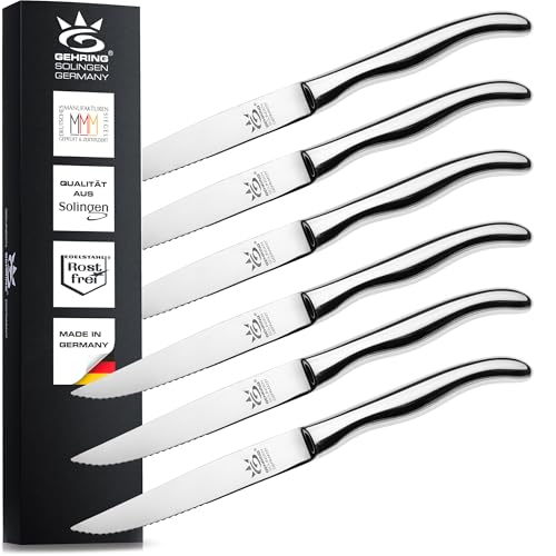 SOLINGEN| Steakmesser mit Wellenschliff x6, rostfreier Edelstahlklinge und Edelstahlgriff | Made in Germany, eisgehärtete & scharfe Brötchenmesser & Tomatenmesser | Serie Balance von GEHRING