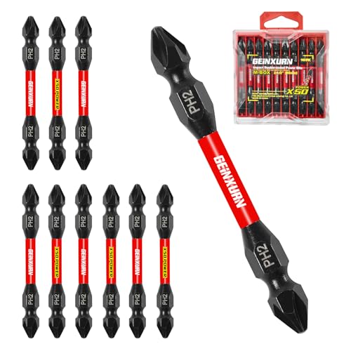 GEINXURN 10-teiliges PH2/PH2 Kreuzschlitz Schlagfest Doppelend Schraubendreher Bit Set, 65mm #2 Phillips Bitsatz, Magnetisch, aus S2-Stahl, mit Aufbewahrungsbox von GEINXURN