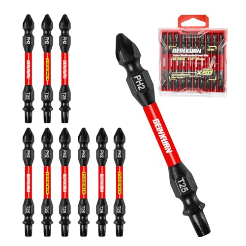 GEINXURN 10-teiliges PH2/T25 Kreuzschlitz Torx Schlagfest Doppelend Schraubendreher Bit Set, 65mm #2 Phillips Tx 25 Bitsatz, Magnetisch, aus S2-Stahl, mit Aufbewahrungsbox von GEINXURN