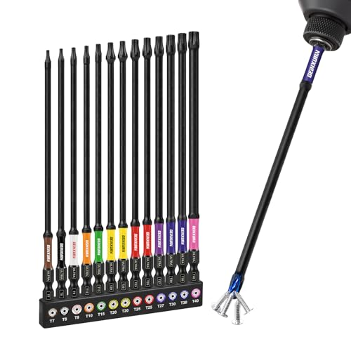 GEINXURN 13tlg. Torx Schrauber Bit Set Schlagfester T7-T40 150mm Länge, 1/4 Zoll Sechskantschaft S2 Legierter Stahl Magnetische Schrauberbitsatz, Farbcodierte Basis von GEINXURN