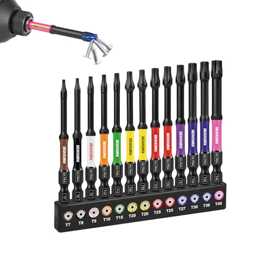 GEINXURN 13tlg. Torx Schrauber Bit Set Schlagfester T7-T40 75mm Länge, 1/4 Zoll Sechskantschaft S2 Legierter Stahl Magnetische Schrauberbitsatz, Farbcodierte Basis von GEINXURN