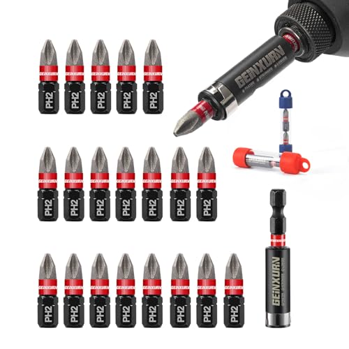 GEINXURN 20-teiliges Diamant-Beschichtetes Schlagbohrer Kreuzschlitz Bit Set, PH2 25mm S2 Stahl 1/4 zoll Sechskantschaft Phillipes Bits und 1tlg. 60mm Bit Halter mit Aufbewahrungsröhren von GEINXURN
