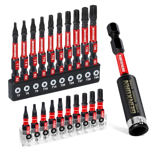 GEINXURN 21Stück T7-T40 Muti Torx Schraubendreher Bit Set 25mm 50mm Länge, Schlagfeste Magnetische Torx Kopf Power Bits 1 Stück 75mm Schlagbohrer-Halter, S2 Legierter Stahl Star Bit von GEINXURN