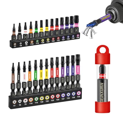 GEINXURN 26tlg. Torx Schrauber Bit Set Schlagfester T7-T40 25mm 50mm Länge, 1/4 zoll Sechskantschaft S2 Legierter Stahl Schrauberbitsatz mit 1tlg. 60mm Magnetische Bit-Halter, Farbcodierte Basis GEINXURN 26tlg. Torx Schrauber Bit Set Schlagfester T7-T40 25mm 50mm Länge, 1/4 zoll Sechskantschaft S2 Legierter Stahl Schrauberbitsatz mit 1tlg. 60mm Magnetische Bit-Halter, Farbcodierte Basis von GEINXURN