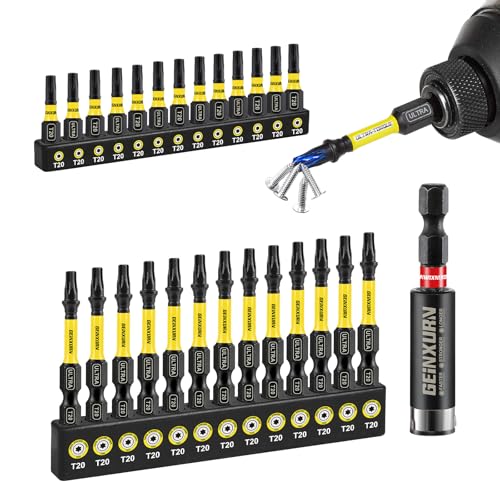 GEINXURN 26tlg. Torx Schrauber Bit mit 1tlg. 60mm Magnetische Bit-Halter, T20 Schlagfester Schrauberbitsatz 25mm 50mm Länge, 1/4 Zoll Sechskantschaft S2 Legierter Stahl, Farbcodierte Basis von GEINXURN
