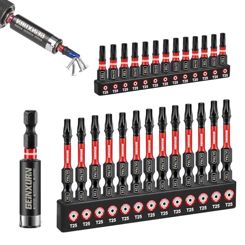 GEINXURN 26tlg. Torx Schrauber Bit mit 1tlg. 60mm Magnetische Bit-Halter, T25 Schlagfester Schrauberbitsatz 25mm 50mm Länge, 1/4 Zoll Sechskantschaft S2 Legierter Stahl, Farbcodierte Basis von GEINXURN