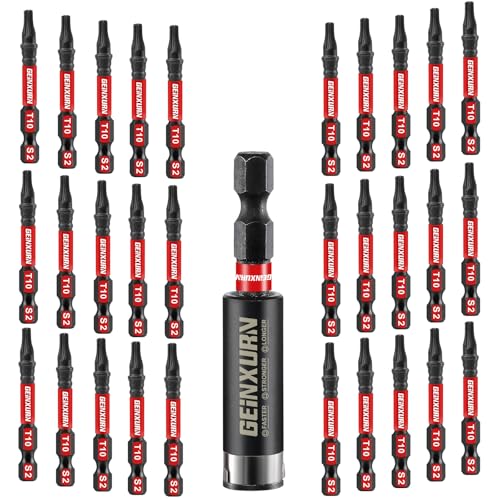 GEINXURN 30 Stück T10 Schlagfester Schrauberbitsatz 50mm Länge #10 Torx 1/4 zoll Sechskantschaft Antriebsbits mit 1 Stück 60mm Magnetische Bit-Halter, S2 Legierter Stahl T10 Schraubendreher Bits Set von GEINXURN