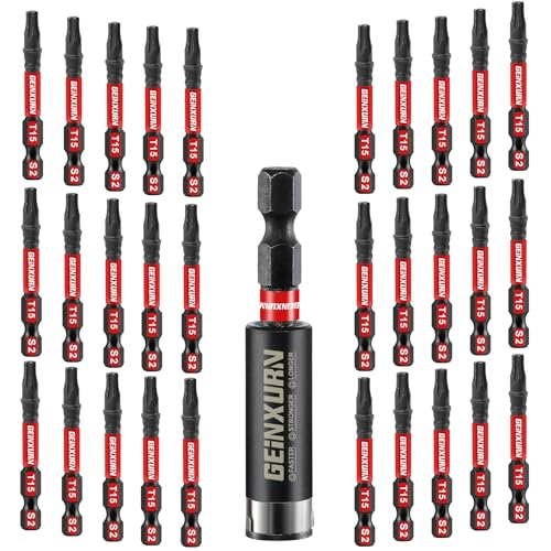 GEINXURN 30 Stück T15 Schlagfester Schrauberbitsatz 50mm Länge #15 Torx 1/4 zoll Sechskantschaft Antriebsbits mit 1 Stück 60mm Magnetische Bit-Halter, S2 Legierter Stahl T15 Schraubendreher Bits Set von GEINXURN