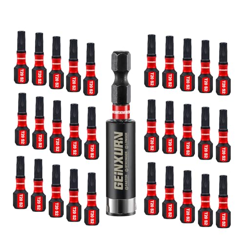 GEINXURN 30 Stück T20 Schlagfester Schrauberbitsatz 25mm Länge #20 Torx 1/4 zoll Sechskantschaft Antriebsbits mit 1 Stück 60mm Magnetische Bit-Halter, S2 Legierter Stahl T20 Schraubendreher Bits Set von GEINXURN