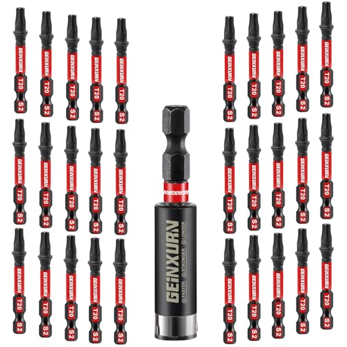 GEINXURN 30 Stück T20 Schlagfester Schrauberbitsatz 50mm Länge #20 Torx 1/4 zoll Sechskantschaft Antriebsbits mit 1 Stück 60mm Magnetische Bit-Halter, S2 Legierter Stahl T20 Schraubendreher Bits Set von GEINXURN
