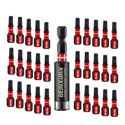 GEINXURN 30 Stück T25 Schlagfester Schrauberbitsatz 25mm Länge #25 Torx 1/4 zoll Sechskantschaft Antriebsbits mit 1 Stück 60mm Magnetische Bit-Halter, S2 Legierter Stahl T25 Schraubendreher Bits Set von GEINXURN