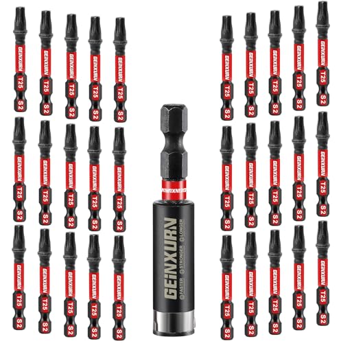 GEINXURN 30 Stück T25 Schlagfester Schrauberbitsatz 50mm Länge #25 Torx 1/4 zoll Sechskantschaft Antriebsbits mit 1 Stück 60mm Magnetische Bit-Halter, S2 Legierter Stahl T25 Schraubendreher Bits Set von GEINXURN