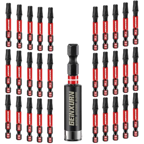 GEINXURN 30 Stück T30 Schlagfester Schrauberbitsatz 50mm Länge #30 Torx 1/4 zoll Sechskantschaft Antriebsbits mit 1 Stück 60mm Magnetische Bit-Halter, S2 Legierter Stahl T30 Schraubendreher Bits Set von GEINXURN