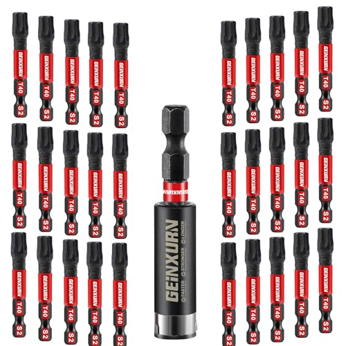 GEINXURN 30 Stück T40 Schlagfester Schrauberbitsatz 50mm Länge #40 Torx 1/4 zoll Sechskantschaft Antriebsbits mit 1 Stück 60mm Magnetische Bit-Halter, S2 Legierter Stahl T40 Schraubendreher Bits Set von GEINXURN