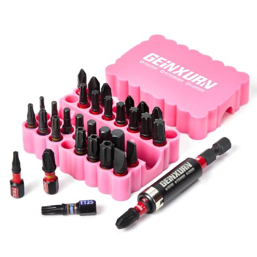 GEINXURN 33tlg. Schrauber Bit Set (PH, PZ, Tx, Hex, SL) 25mm Länge, Torx mit Loch Schlagfester Magnetische Bitsatz, 1/4” Sechskantschaft S2 Legierter Stahl und 60mm Bit Halter mit Rosa Weiche Basis von GEINXURN