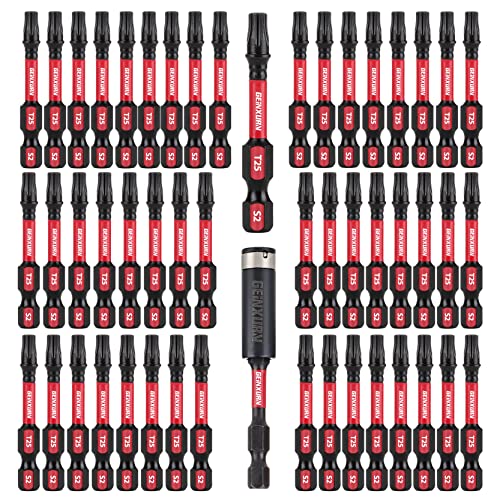 GEINXURN 50 Stück T25 5,1 cm Schlagfeste magnetische #25 Torx-Kopf-Bits, S2-Stahllegierung, T25 Schraubendreher-Bit-Set mit 1 Schlag-Bithalter von GEINXURN