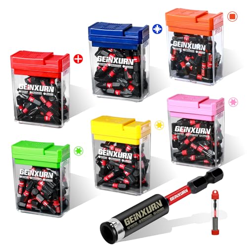 Geinxurn 181-teiliges Schlagschrauber-Bit-Set mit bunten Boxen, 2,5 cm magnetisch (PH2, PZ2, SQ2, T10, T15, T20, T25, T30) S2-Stahl-Multi-Treiber-Bits von GEINXURN