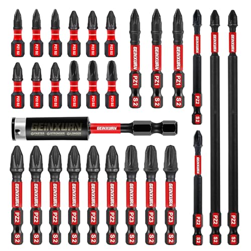 Geinxurn 28 Stück PZ1 PZ2 PZ3 Schrauber Bit Set 25mm 50mm 75mm 150mm Länge #1#2#3 Pozidriv Schlagfester Bitsatz, 1/4 zoll Sechskantschaft S2 Legierter Stahl mit 1 Stück 60mm Magnetische Bit-Halter von GEINXURN