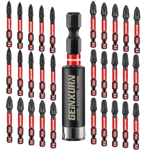 Geinxurn 30 Stück PZ1 PZ2 PZ3 Schrauber Bits Set, 50mm Länge #1#2#3 Pozidriv 1/4 zoll Sechskantschaft S2 Legierter Stahl Schlagfester Bitsatz mit 1 Stück 60mm Magnetische Bit-Halter Geinxurn 30 Stück PZ1 PZ2 PZ3 Schrauber Bits Set, 50mm Länge #1#2#3 Pozidriv 1/4 zoll Sechskantschaft S2 Legierter Stahl Schlagfester Bitsatz mit 1 Stück 60mm Magnetische Bit-Halter von GEINXURN