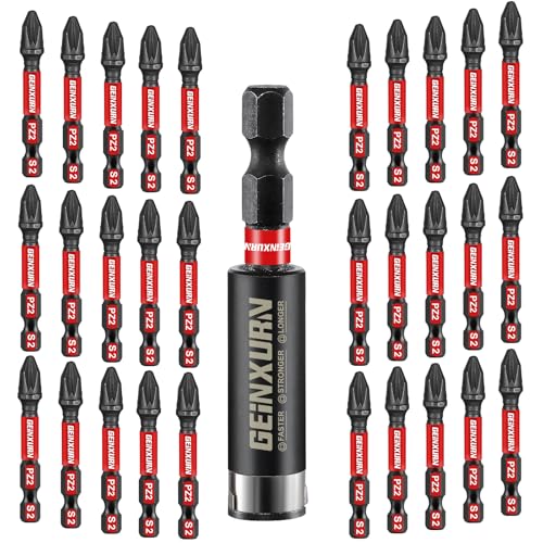 Geinxurn 30 Stück PZ2 Schrauber Bit Set, 50mm Länge #2 Pozidriv 1/4 zoll Sechskantschaft S2 Legierter Stahl Schlagfester Bitsatz mit 1 Stück 60mm Magnetische Bit-Halter von GEINXURN